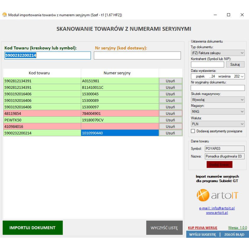 Subiekt GT - Importer numerów seryjnych
